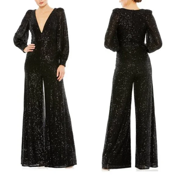 Mac Duggal Ieena Long Sleeve Wide-Leg Sequin Jumpsuit NWT in Black 2 - Picture 1 of 16